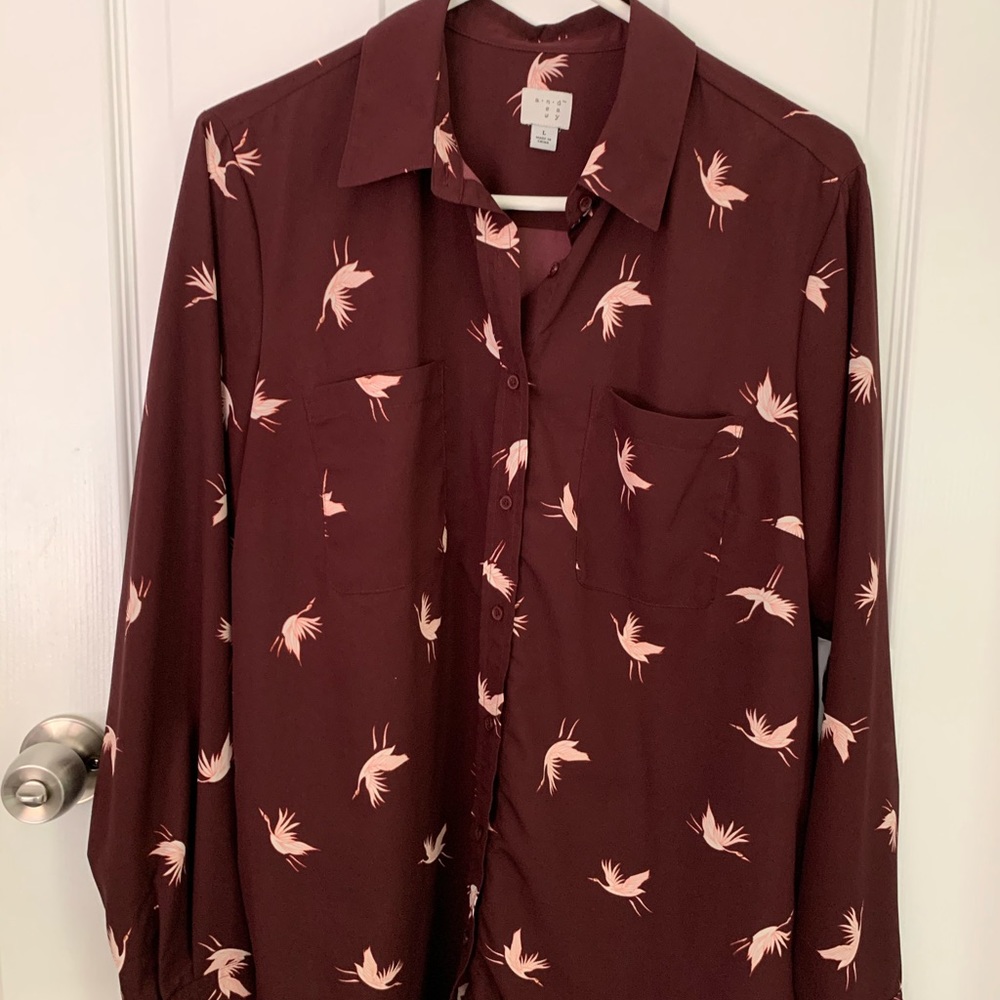 Maroon bird print button down
